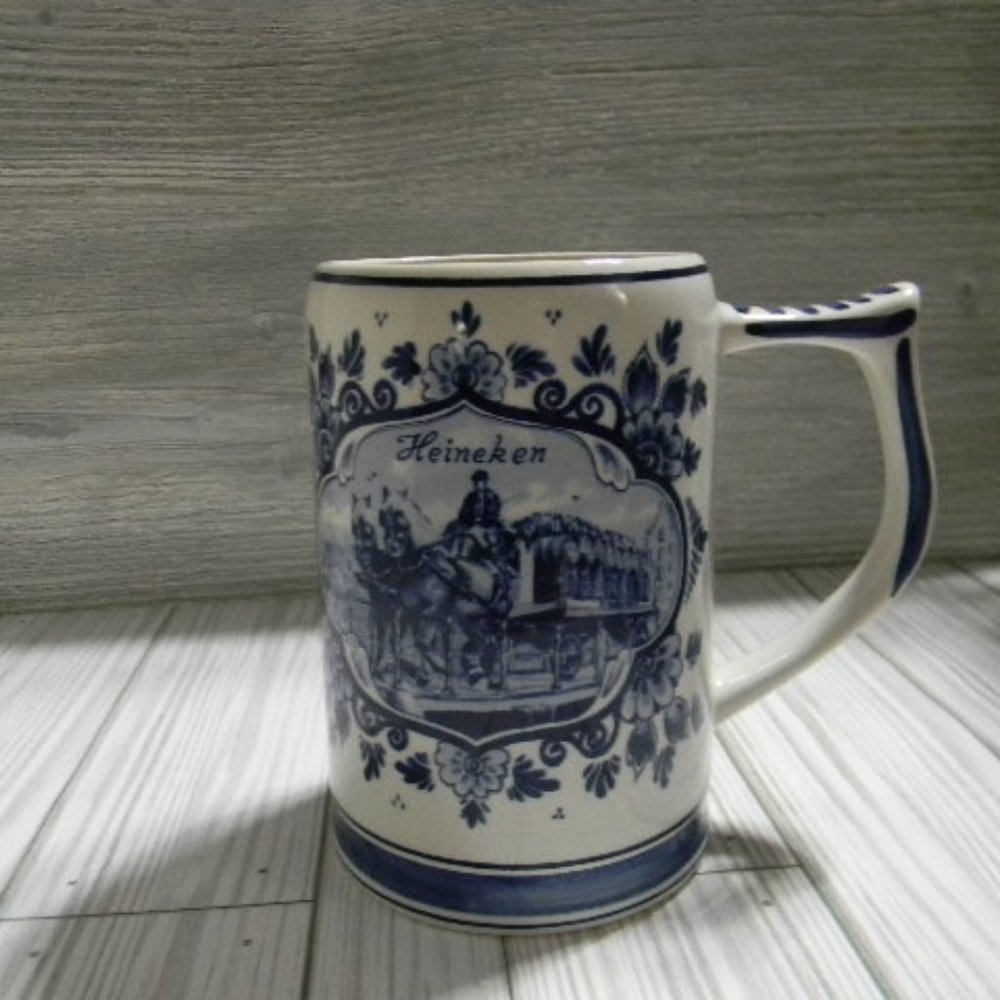 Vintage Handpainted Delft Blue Heineken Beer Stein